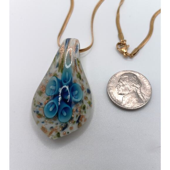 Blue Floral Lampwork Glass Pendant Necklace on Stainless Steel Chain 18" - Picture 3 of 3